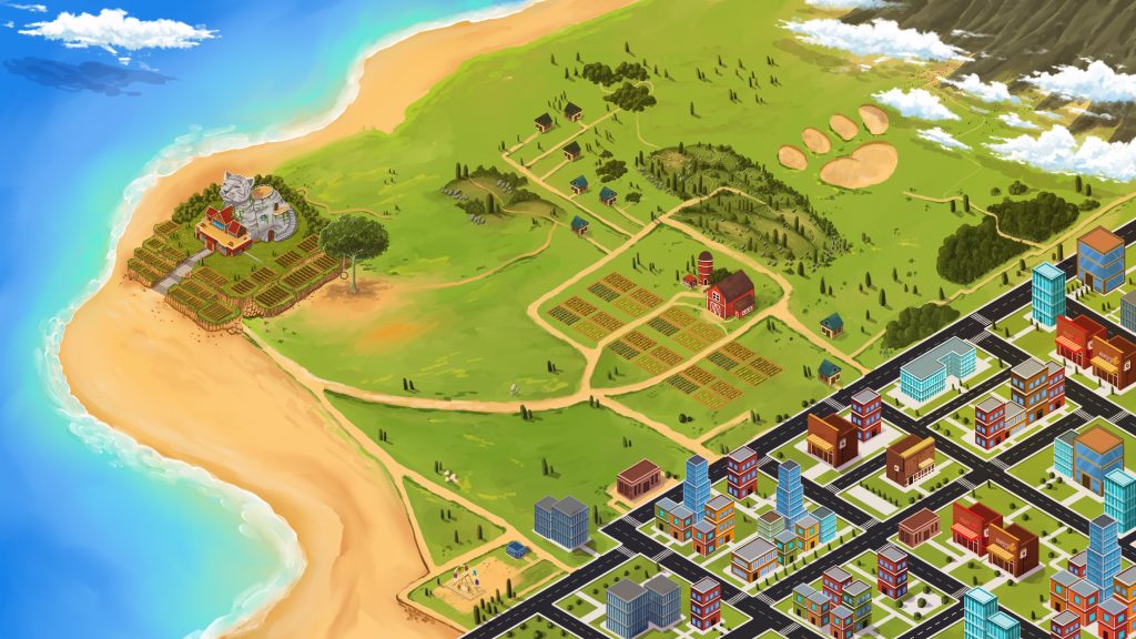 Purraya Province, the westernmost province of Tabbyoko. Visible are key locations such as Mellow Rock and the town of Citrus Cove (pop. 25,000). Kasha & Milchi live here. Concept art by amination. Click to enlarge.
